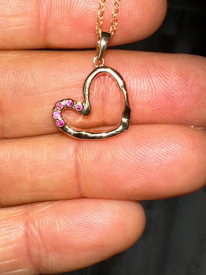Open Heart Necklace with pink sapphires (14K gold)